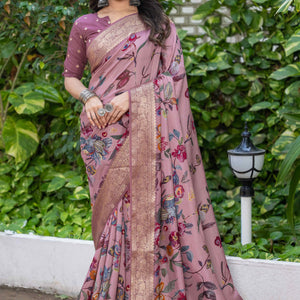 Mauve Floral Printed Viscose Saree
