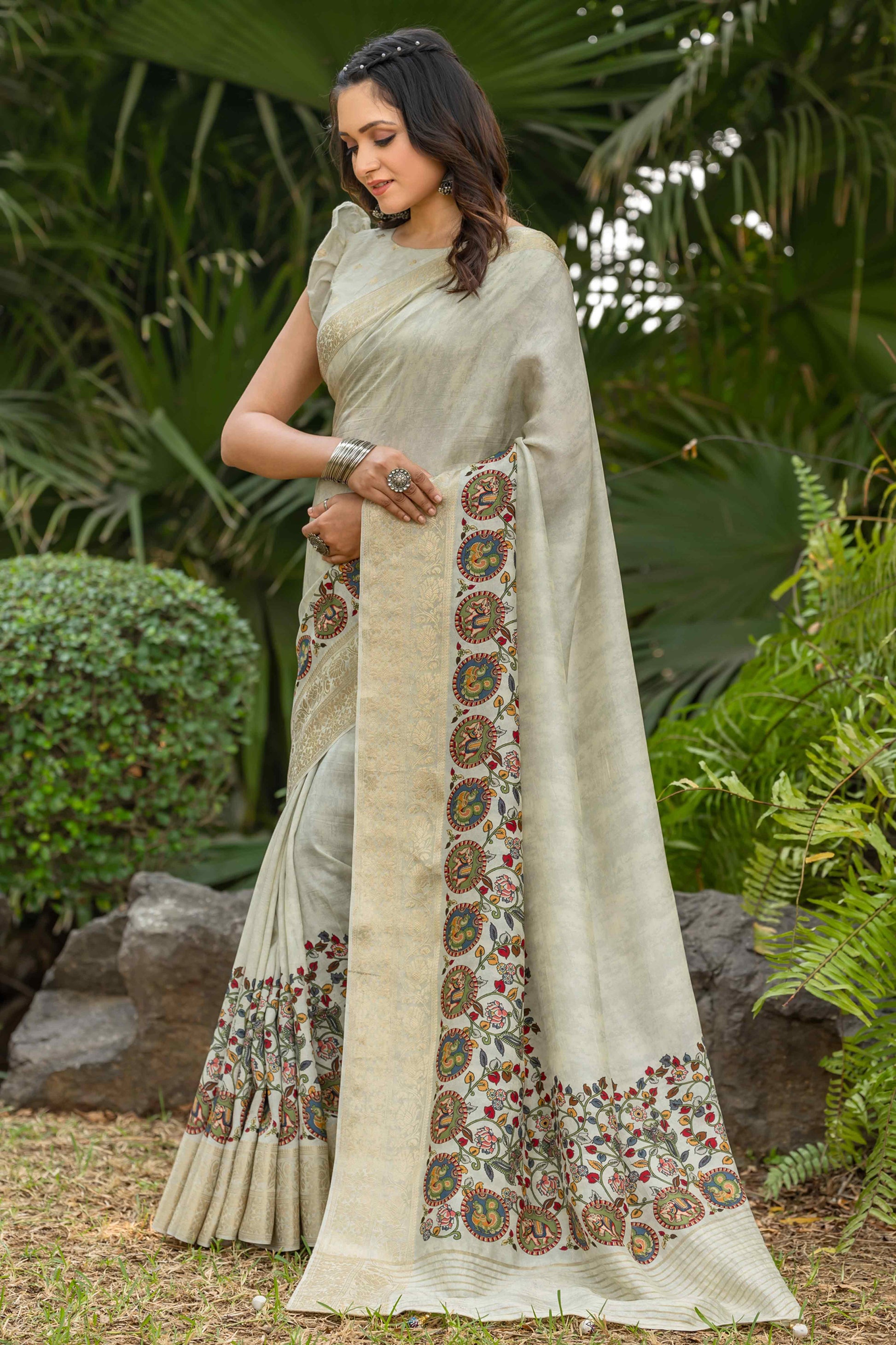 Light Green Floral Printed Viscose Saree