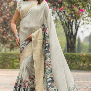 Light Green Floral Printed Viscose Saree