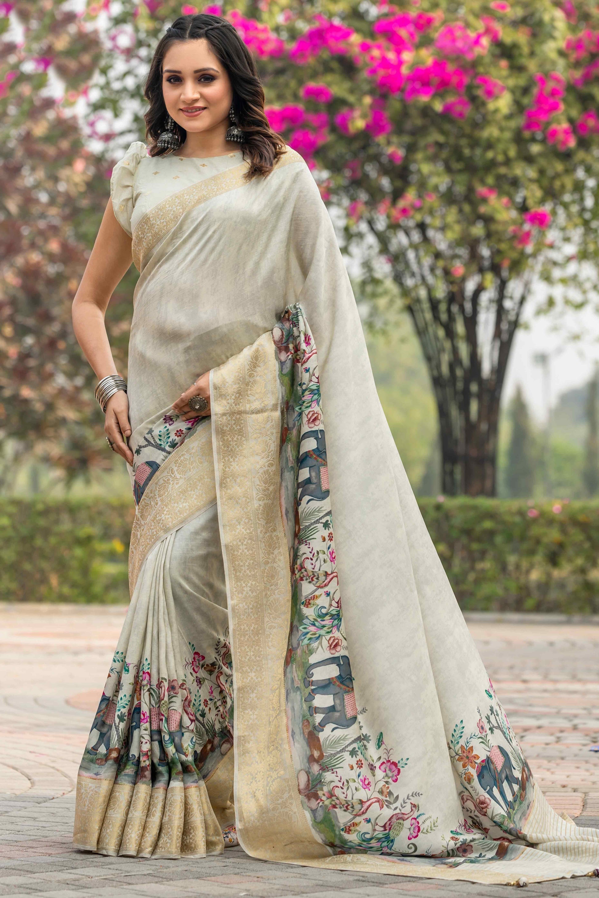 Light Green Floral Printed Viscose Saree