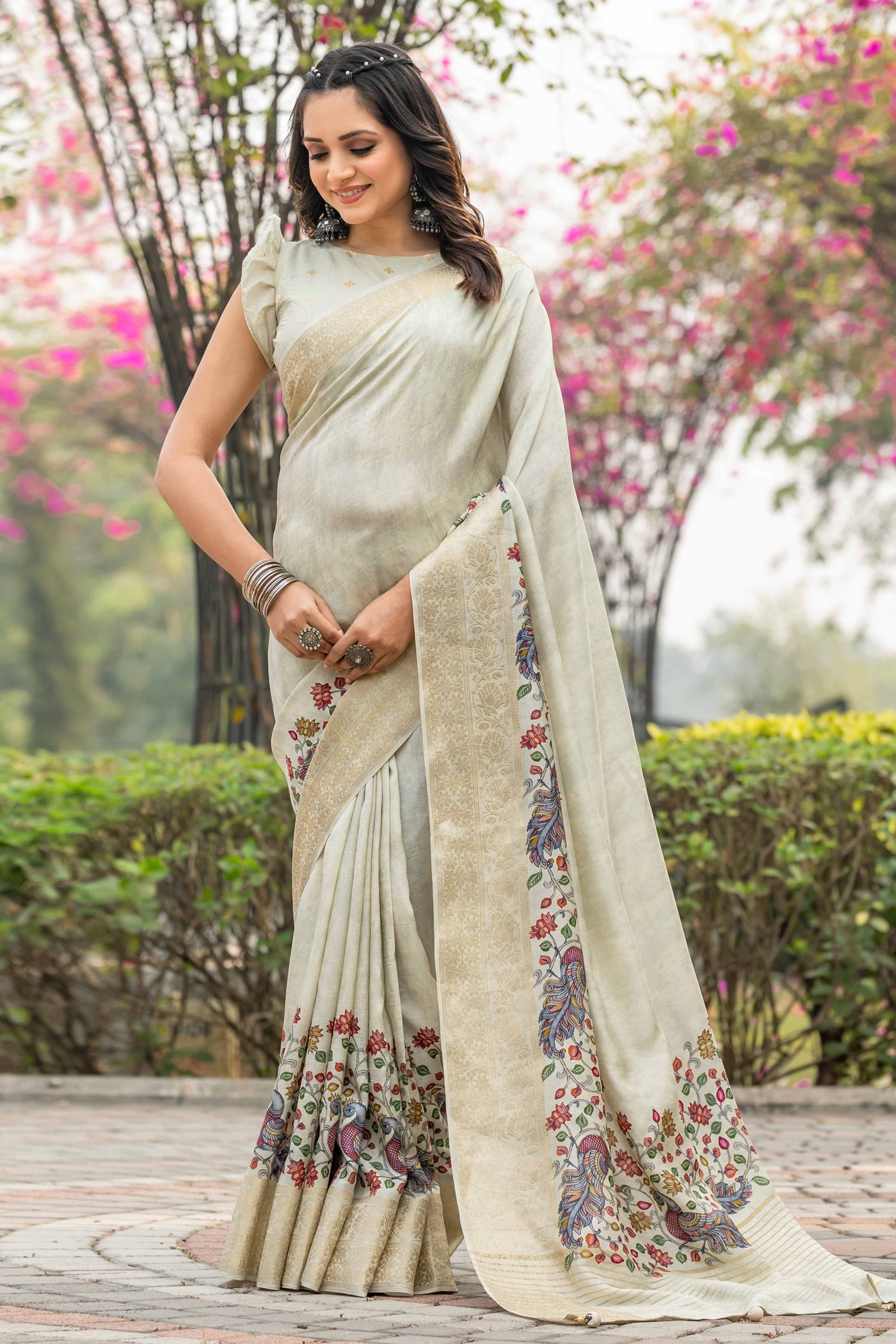 Light Green Floral Printed Viscose Saree