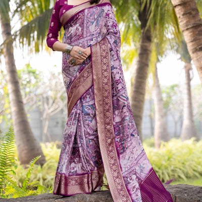 Light Purple Floral Printed Viscose Saree