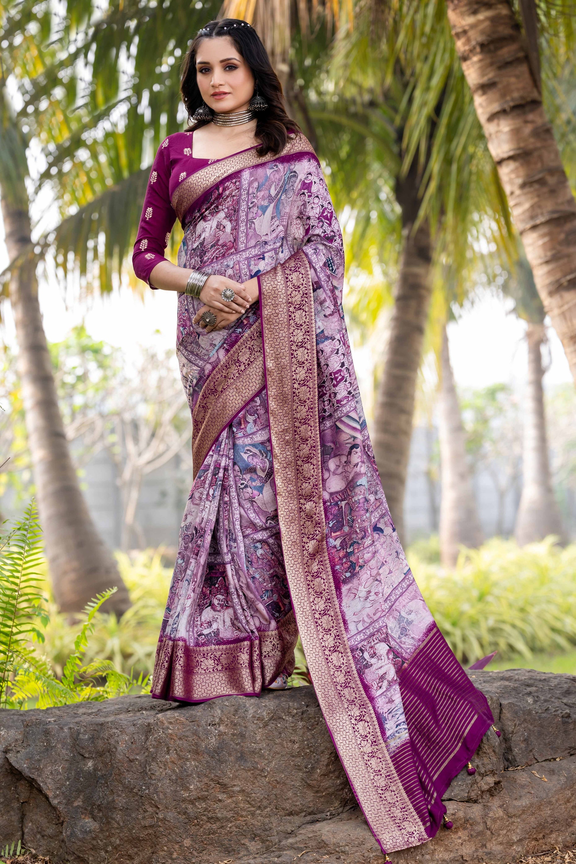 Light Purple Floral Printed Viscose Saree