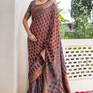 Brown Ajrakh Printed Pure Viscose Saree