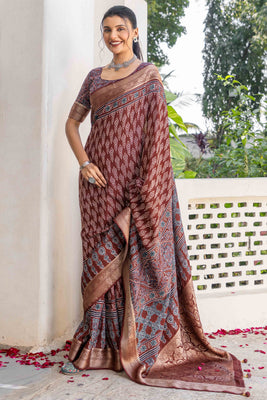 Brown Ajrakh Printed Pure Viscose Saree