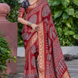 Maroon Ajrakh Printed Pure Viscose Saree