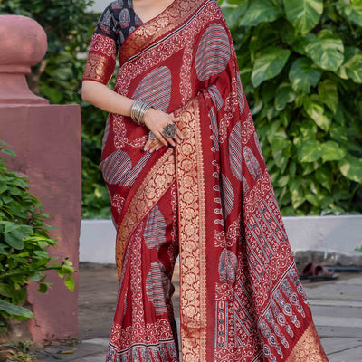 Maroon Ajrakh Printed Pure Viscose Saree