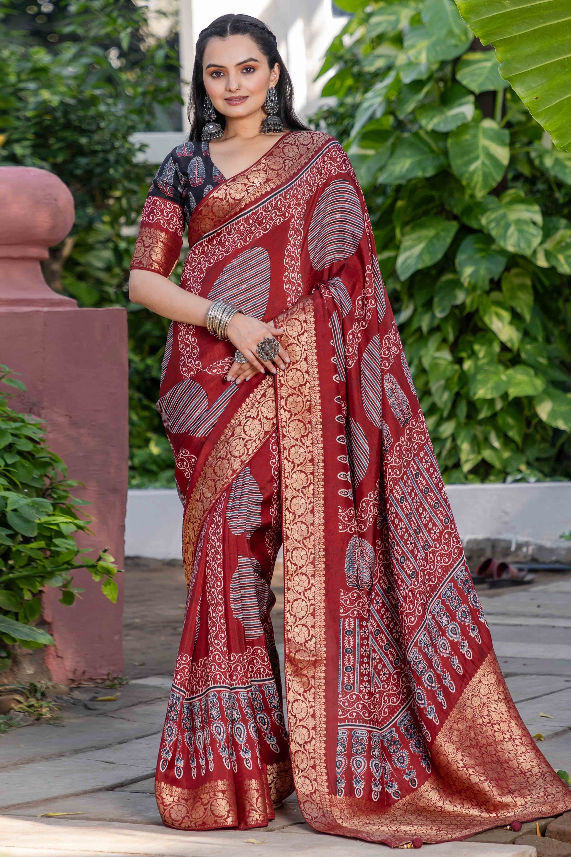 Maroon Ajrakh Printed Pure Viscose Saree
