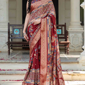 Maroon Ajrakh Printed Pure Viscose Saree
