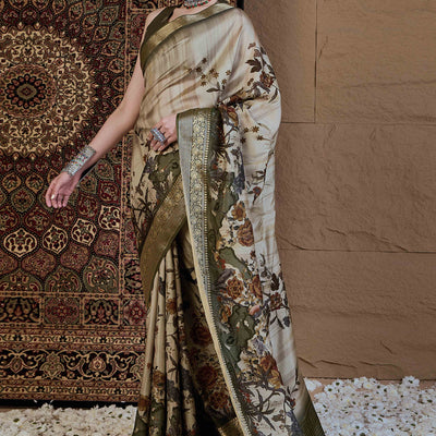 Light Green Floral Printed Viscose Saree