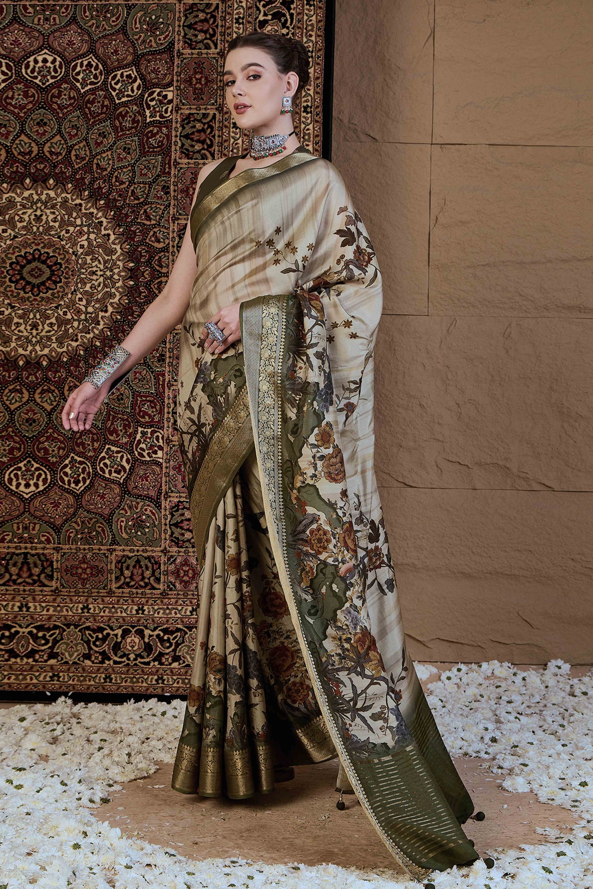Light Green Floral Printed Viscose Saree