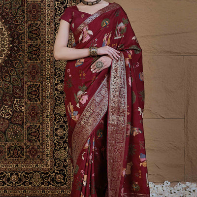Maroon Floral Printed Viscose Saree