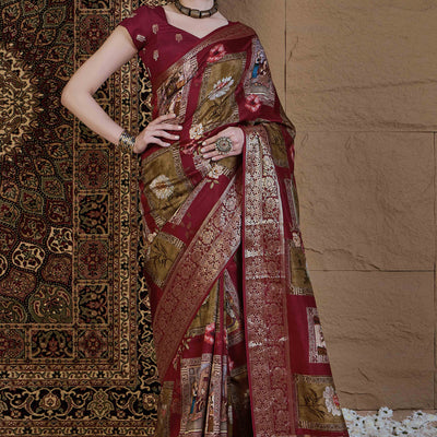 Maroon & Green Floral Printed Viscose Saree