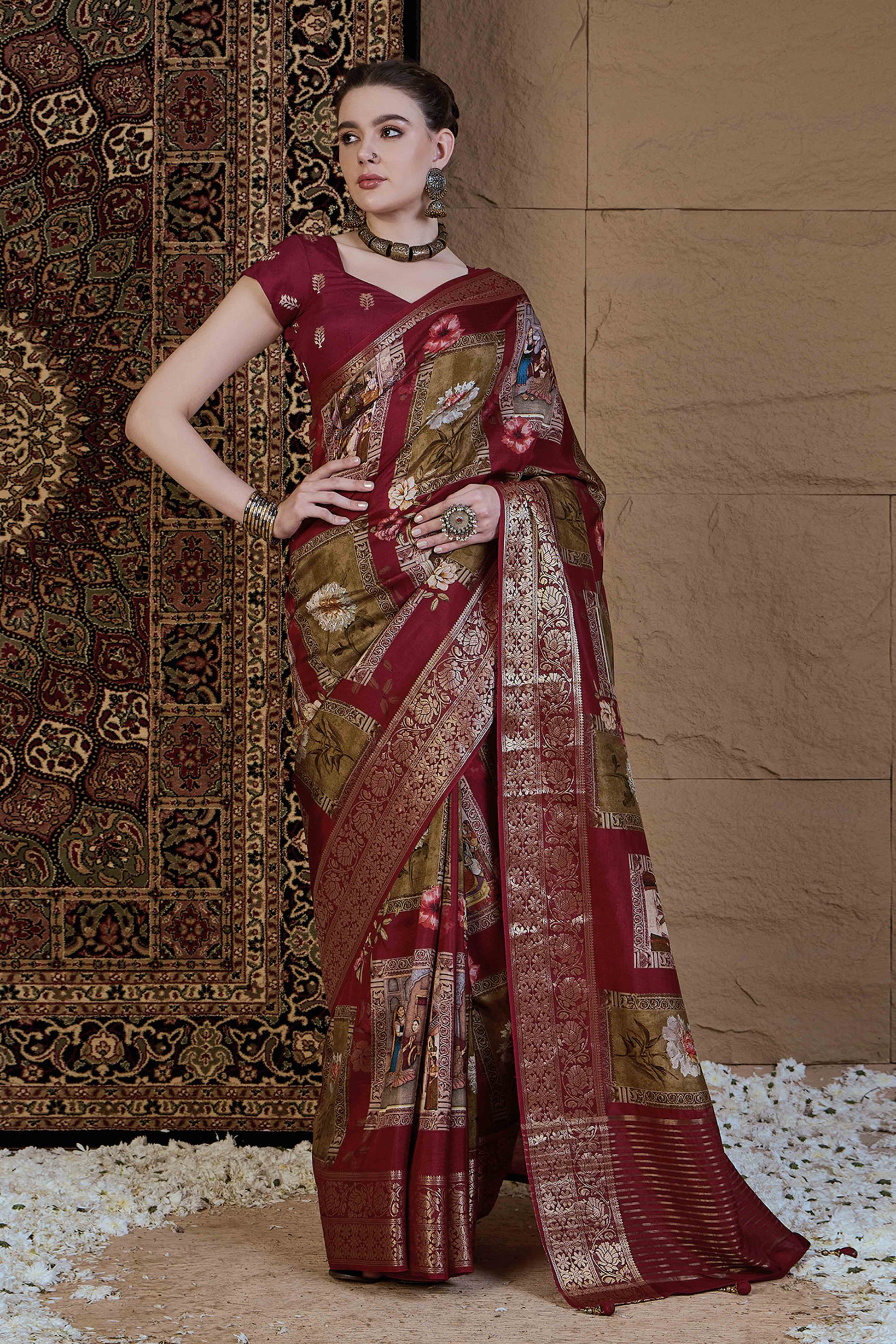 Maroon & Green Floral Printed Viscose Saree