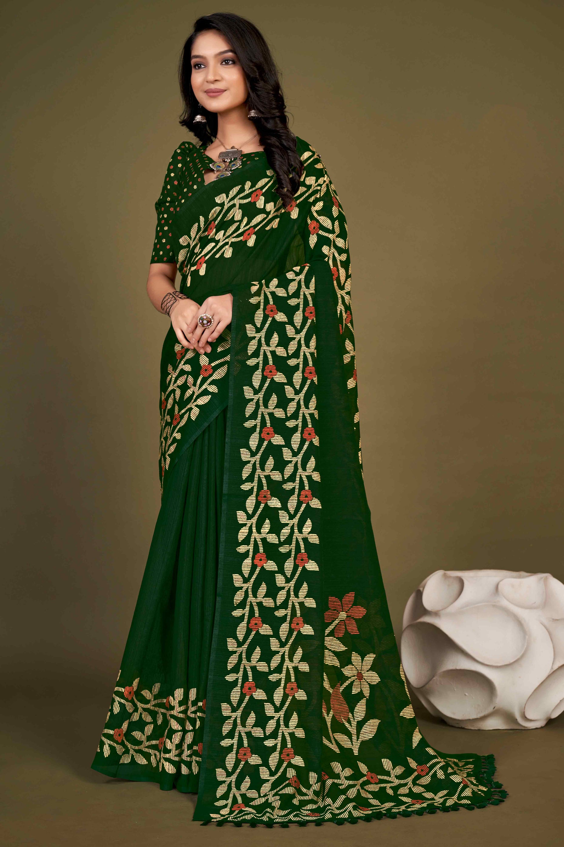 green-floral-printed-cotton-slub-saree