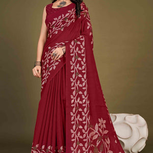 Maroon Floral Printed Cotton Slub Saree