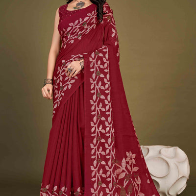 Maroon Floral Printed Cotton Slub Saree