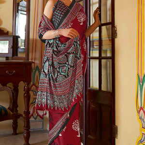 Maroon Floral Ajrakh Printed Satin Saree With Tassels