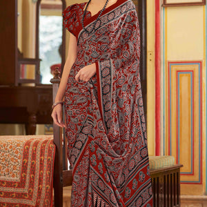 Maroon Floral Ajrakh Printed Satin Saree With Tassels