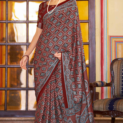Maroon Floral Ajrakh Printed Satin Saree With Tassels