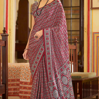 Maroon Floral Ajrakh Printed Satin Saree With Tassels