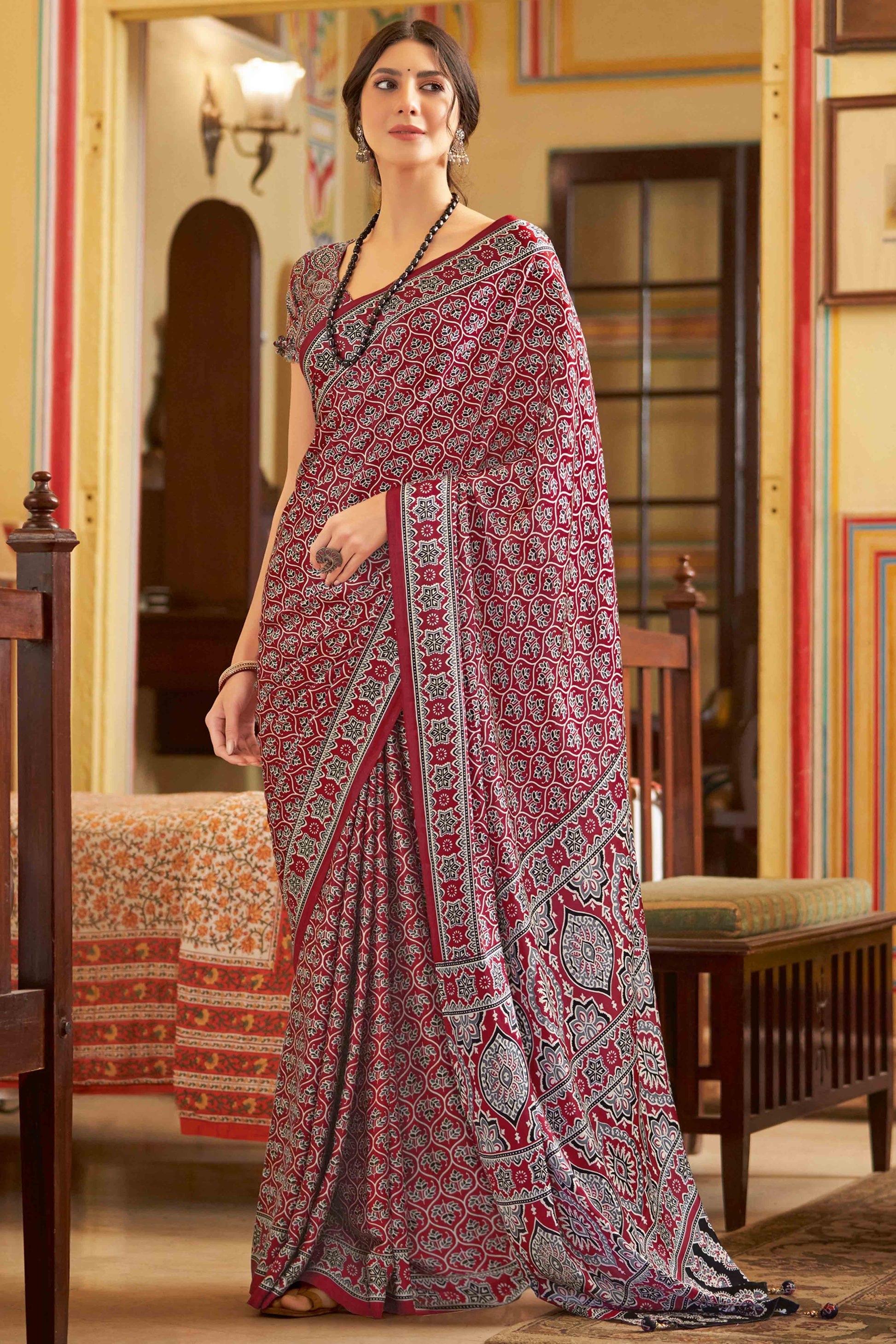 Maroon Floral Ajrakh Printed Satin Saree With Tassels