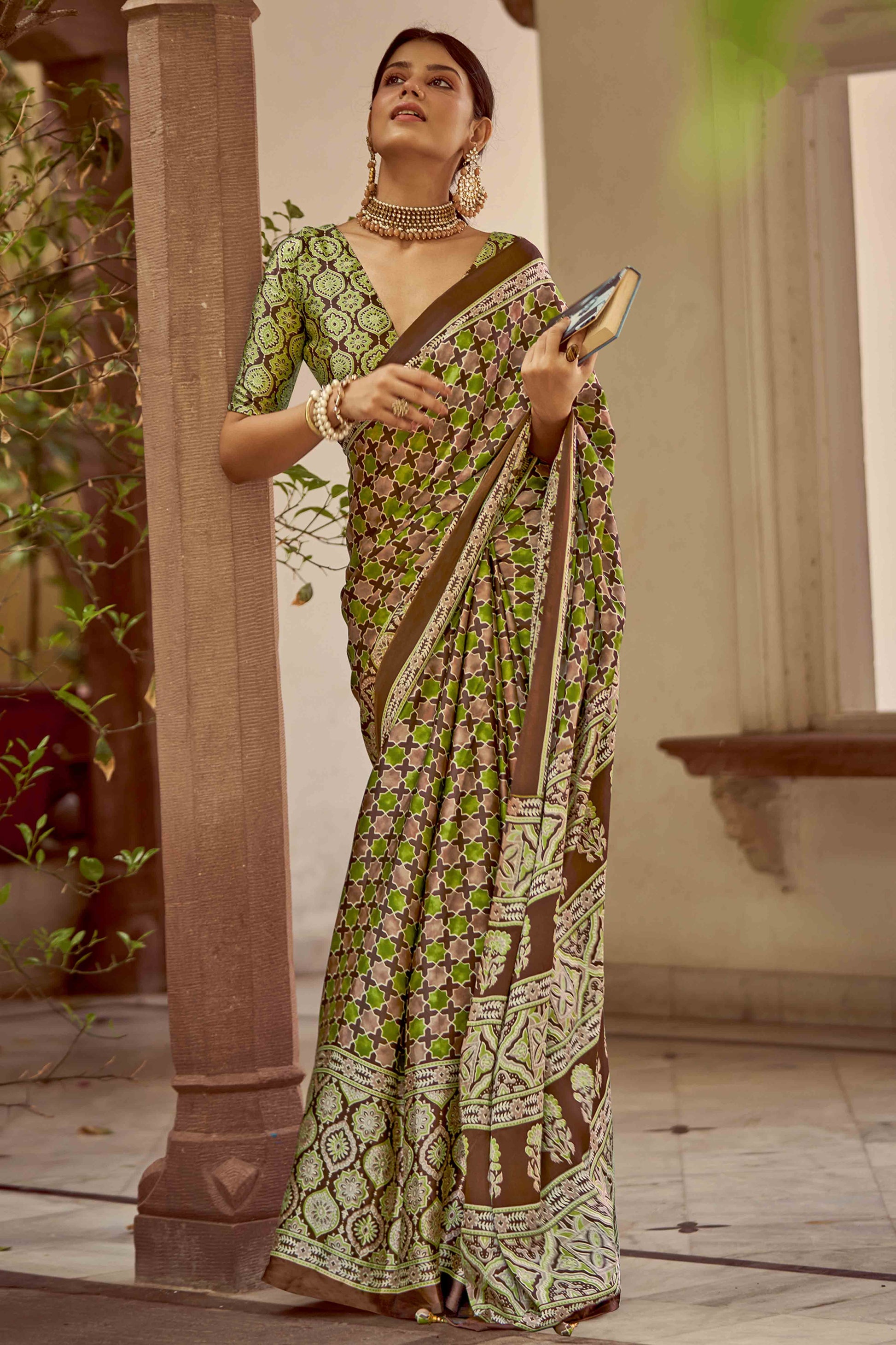 green-geometric-ajrakh-printed-satin-saree-with-tassels-4