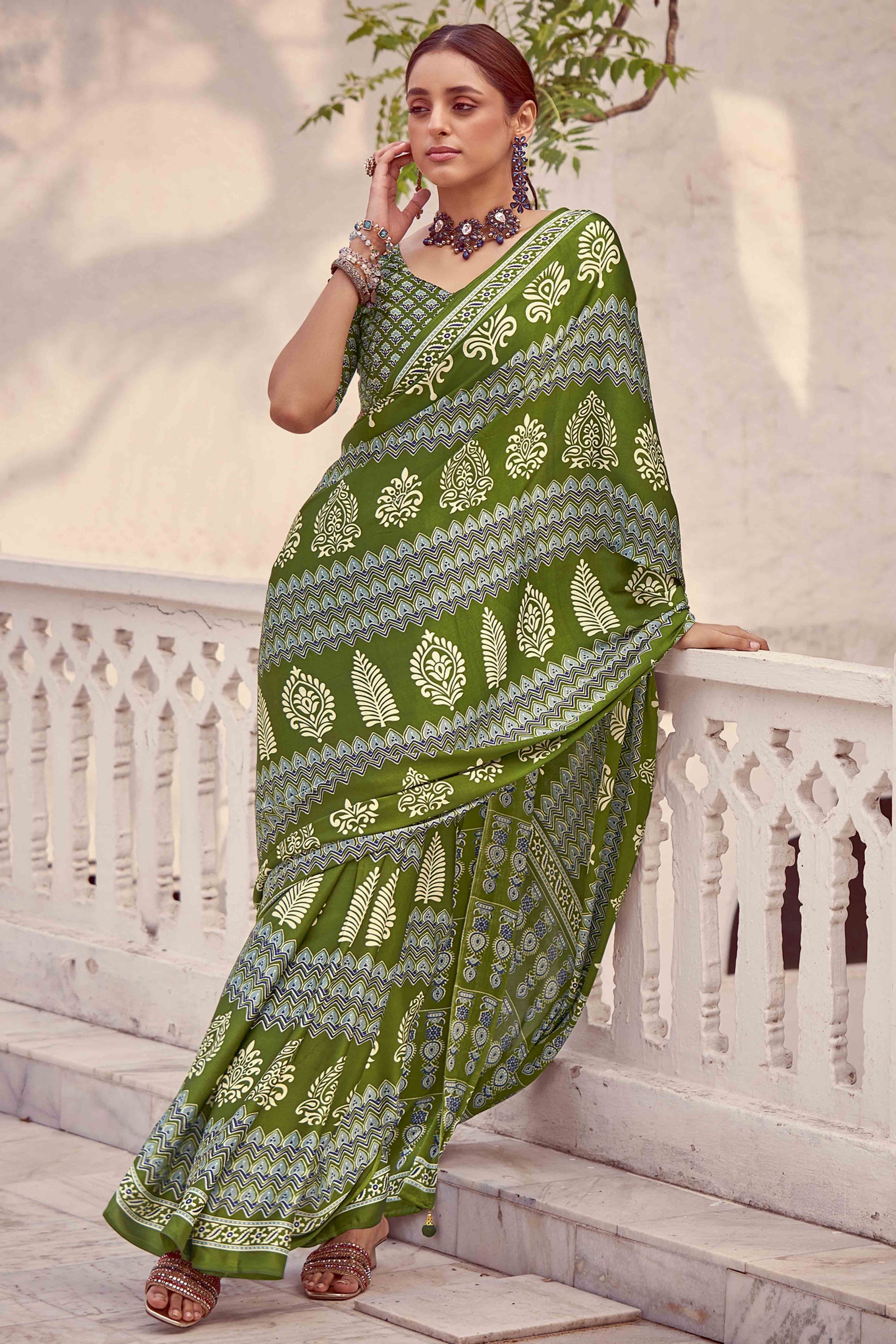 green-floral-ajrakh-printed-satin-saree-with-tassels-12