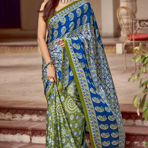 green-blue-floral-ajrakh-printed-satin-saree-with-tassels
