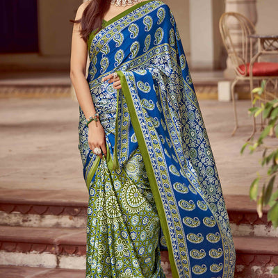 green-blue-floral-ajrakh-printed-satin-saree-with-tassels