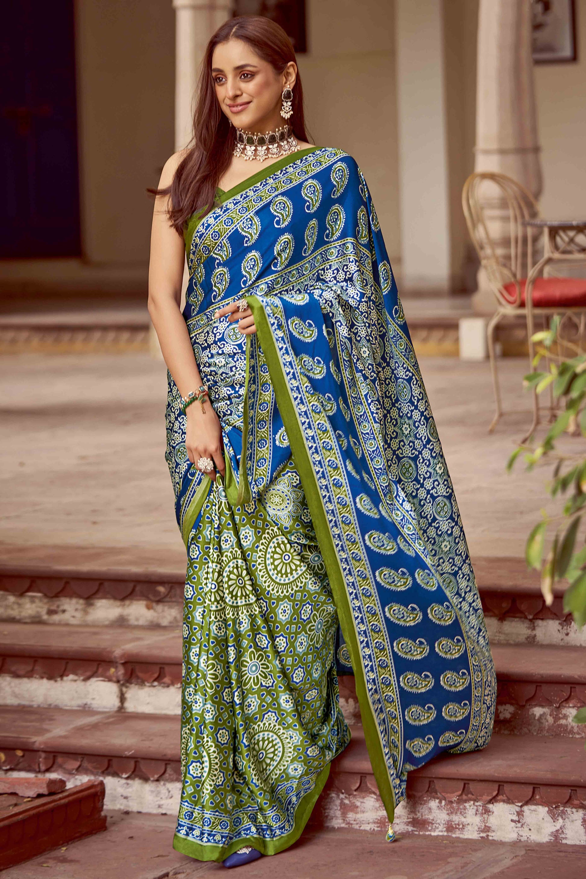 green-blue-floral-ajrakh-printed-satin-saree-with-tassels