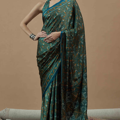 Morpich Green Ajrakh Printed Satin Saree With Tassels