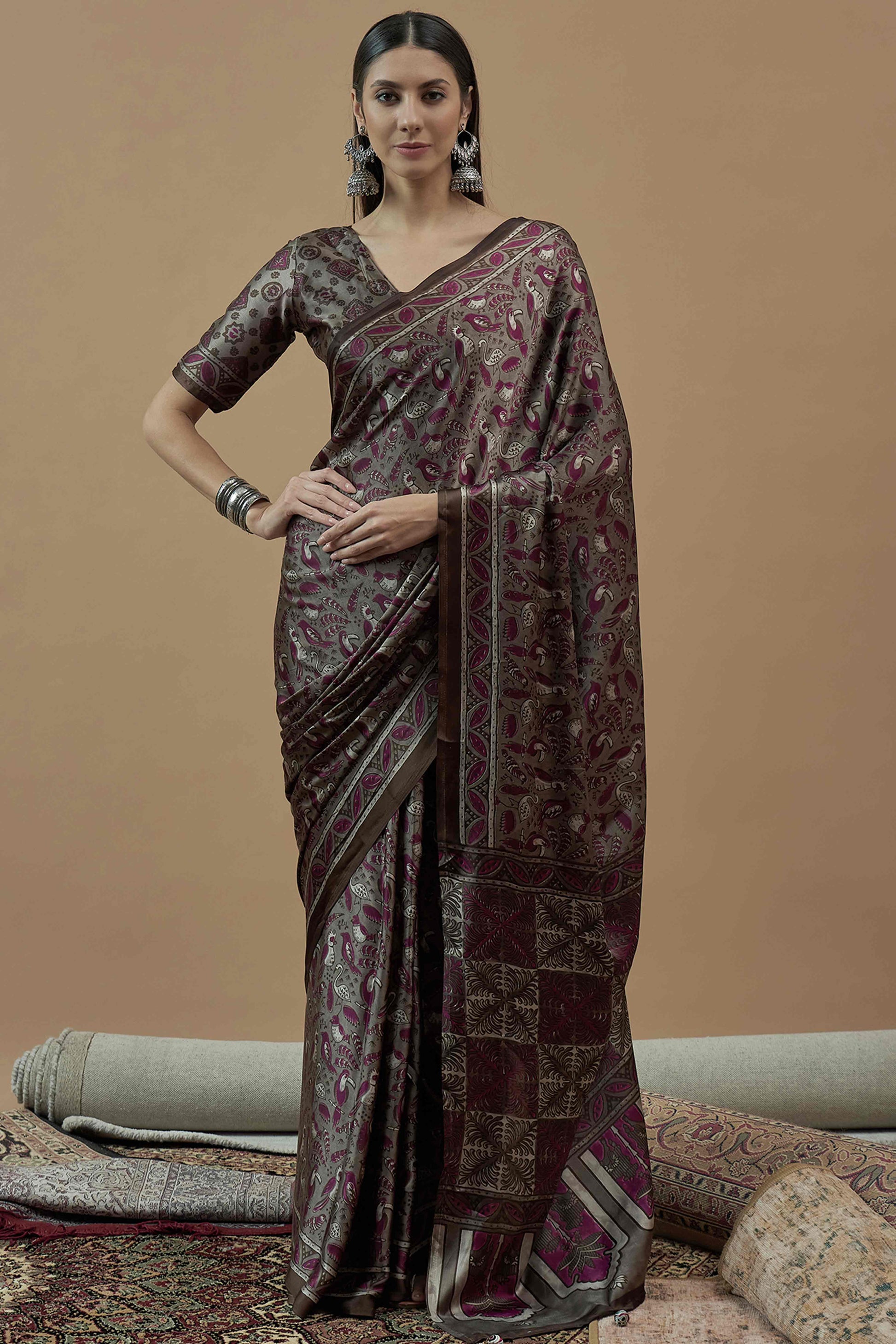 grey-magenta-ajrakh-printed-satin-saree-with-tassels