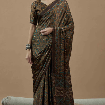 Brown Ajrakh Printed Satin Saree With Tassels