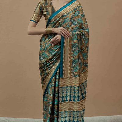 Brown & Morpich Ajrakh Printed Satin Saree With Tassels