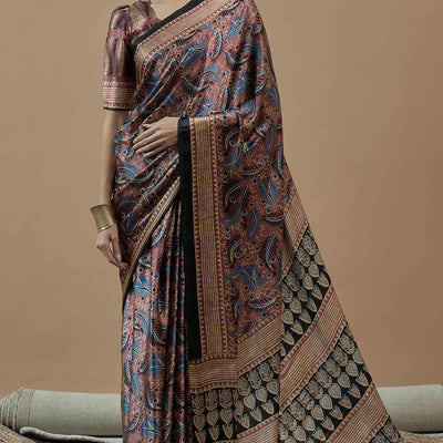 Mauve Ajrakh Printed Satin Saree With Tassels
