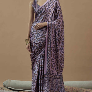 Lavender Ajrakh Printed Satin Saree With Tassels