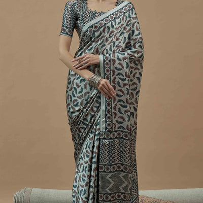 Light Seafoam Blue Ajrakh Printed Satin Saree With Tassels