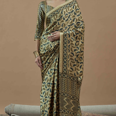Light Yellow Ajrakh Printed Satin Saree With Tassels