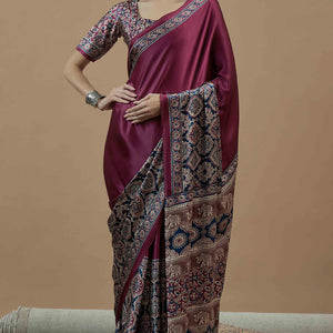 Dark Magenta Floral Ajrakh Printed Satin Saree With Tassels