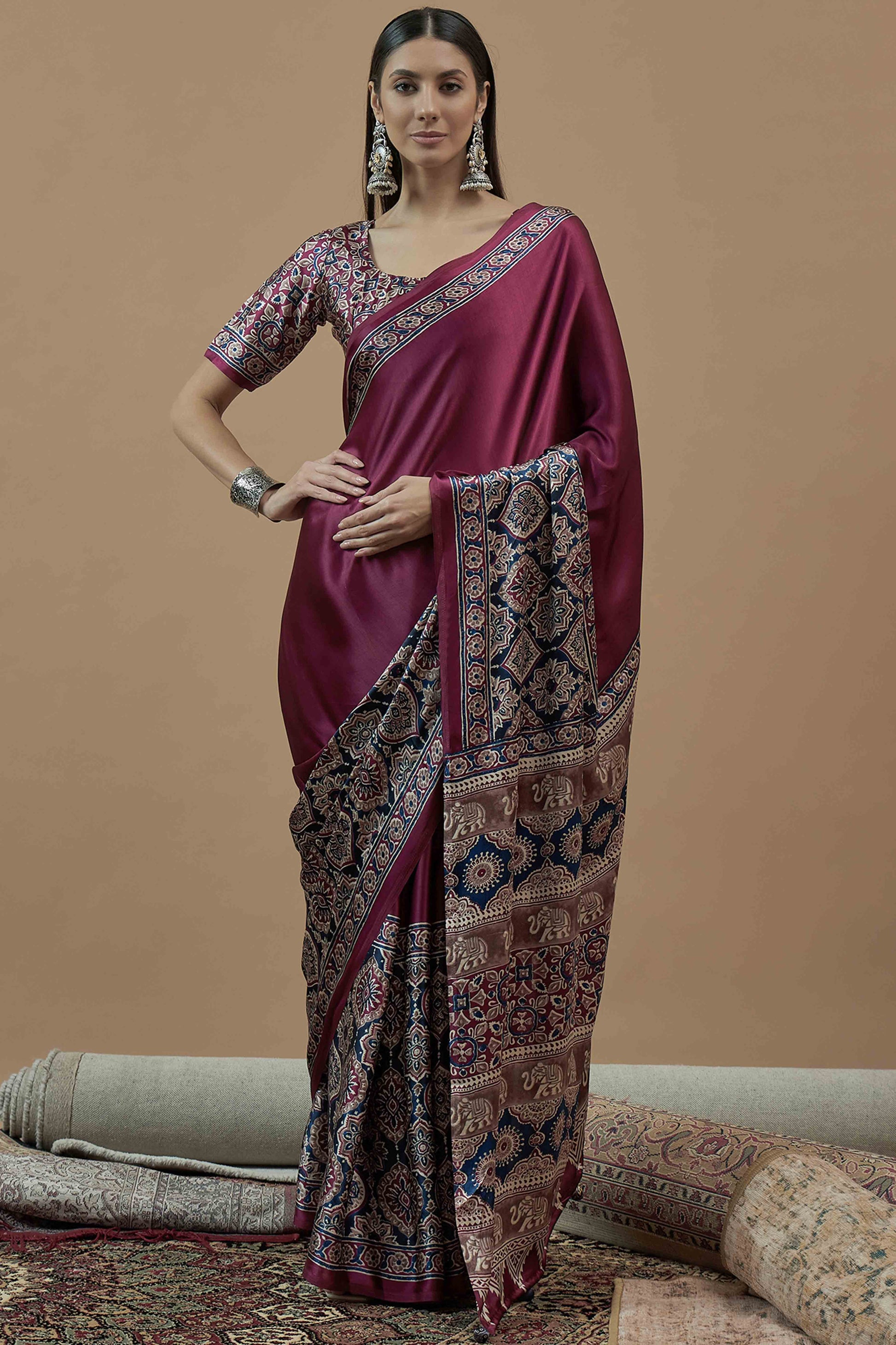 Dark Magenta Floral Ajrakh Printed Satin Saree With Tassels