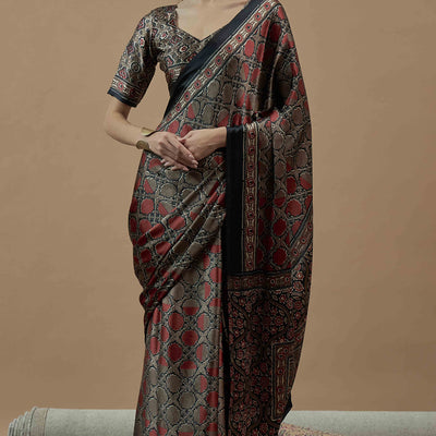Brown Ajrakh Printed Satin Saree With Tassels