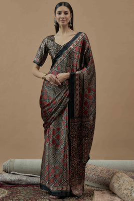 Brown Ajrakh Printed Satin Saree With Tassels