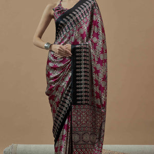 Magenta Floral Ajrakh Printed Satin Saree With Tassels