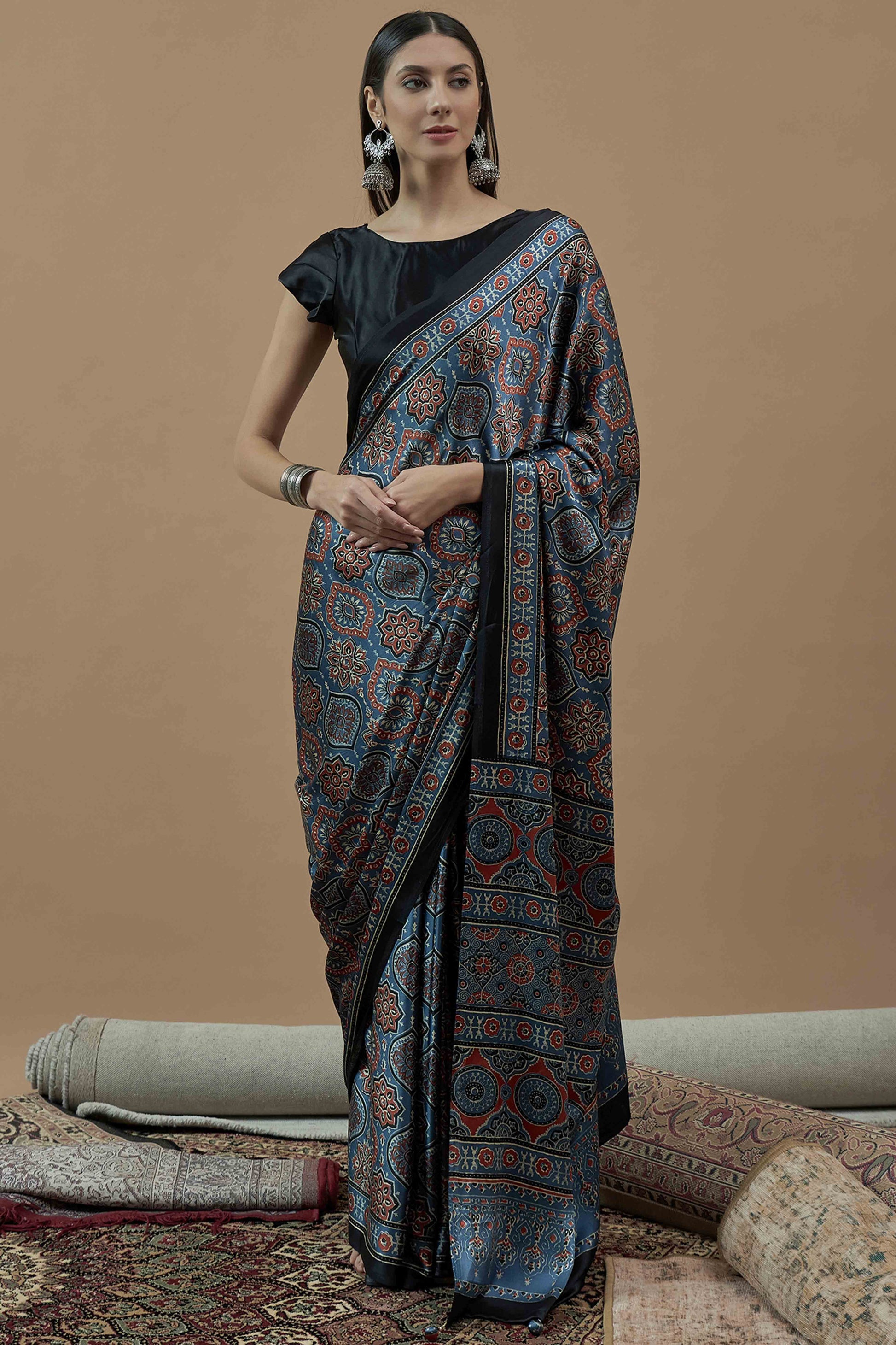 Bluyish Grey Floral Ajrakh Printed Satin Saree With Tassels