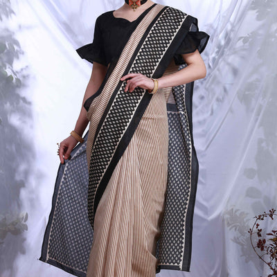 Cream & Black Printed Bhagalpuri Silk Saree