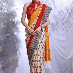 Cream Printed Bhagalpuri Silk Saree