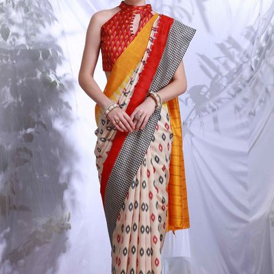 Cream Printed Bhagalpuri Silk Saree