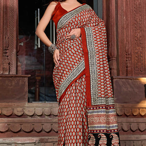 Dark Rust Printed Bhagalpuri Silk Saree