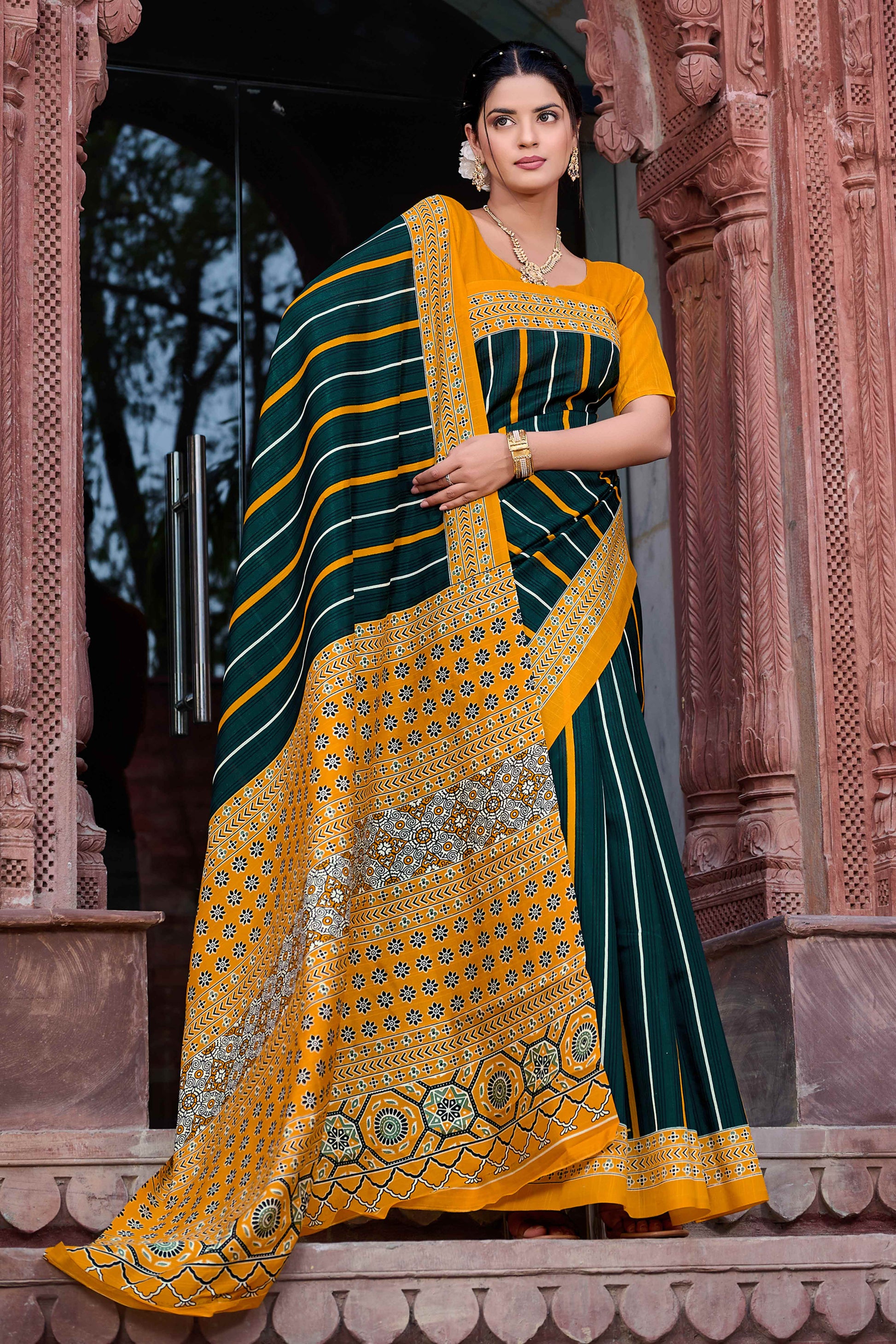 green-mustard-printed-bhagalpuri-silk-saree